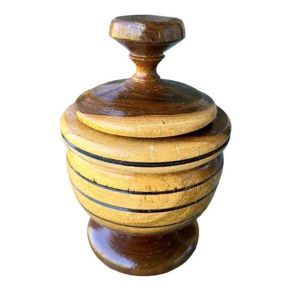 VTG Lathe Turned Wood Vase Bowl Two-Tone Lidded Container Handmade 9" X 5.2" - Picture 2 of 10